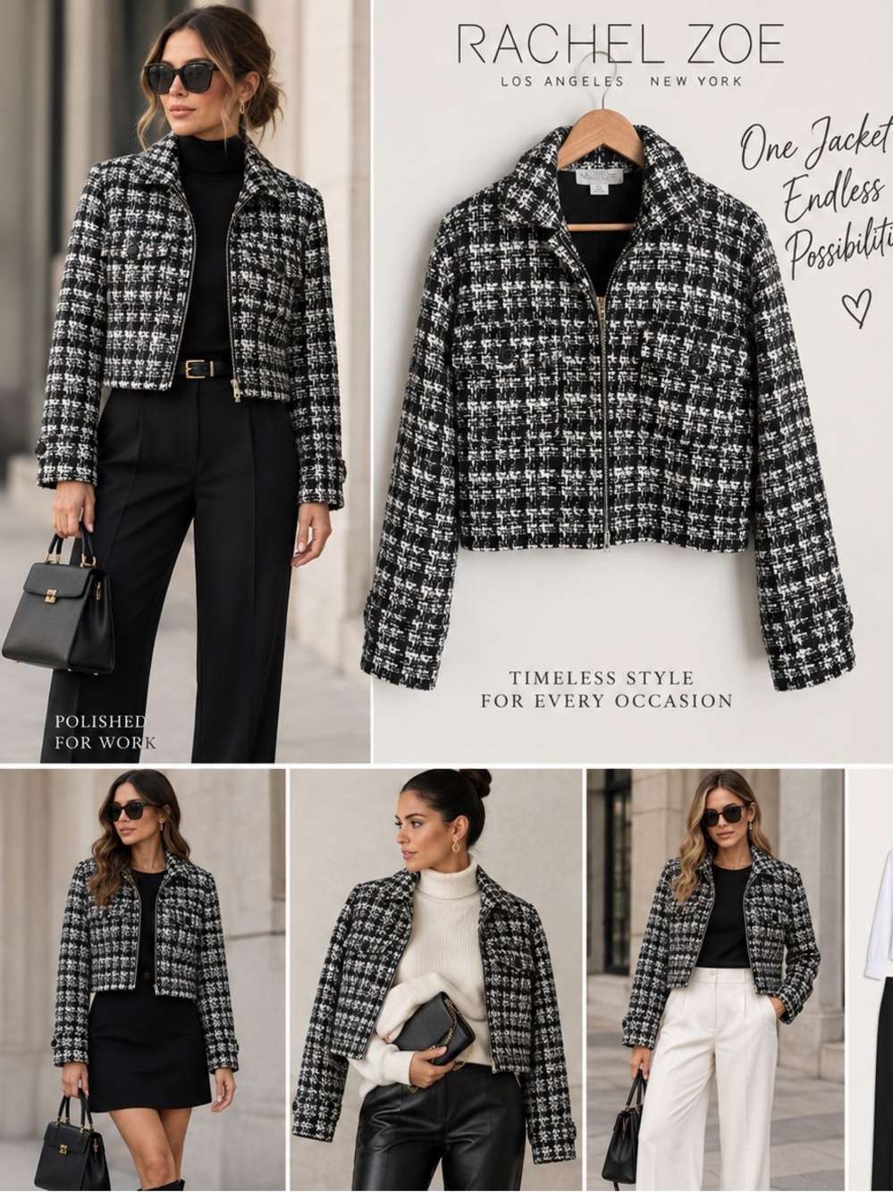Rachel Zoe Black White Tweed Boucle Cropped Zip Jacket M